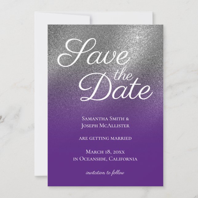Convites Salve a Data com Gradiente de Glitter Ombre Roxo R (Frente)