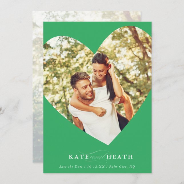 Convites SALVE A DATA da foto elegante coração moderno verd (Frente/Verso)