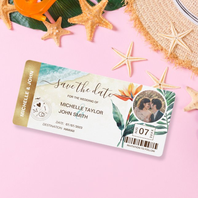 Convites Salve a data de embarque no World Map Beach Photo (strelitzia and beach watercolor)