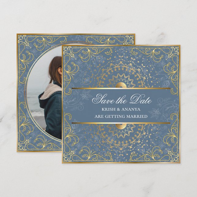 Convites Salve a data, Deslumbrante Casamento Azul e Dourad (Frente/Verso)