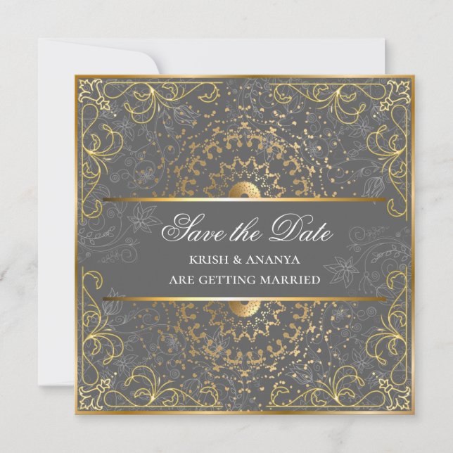 Convites Salve a data, Deslumbrante Casamento Cinza e Doura (Frente)
