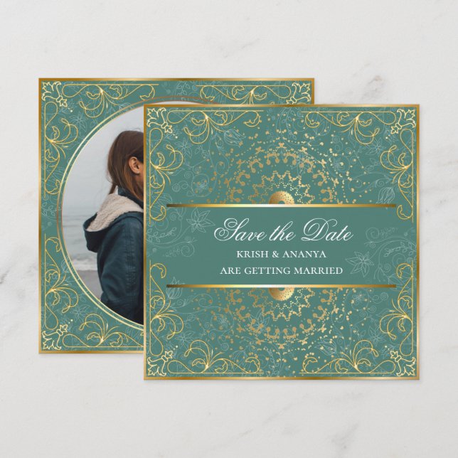 Convites Salve a data, Deslumbrante Casamento Verde e Doura (Frente/Verso)