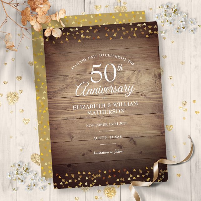 Convites Salve a data do 50º Aniversário Corações Dourados  (Save the Date 50th Anniversary Rustic Gold Hearts Invitation)