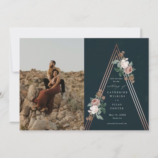 Convites Salve a data do casamento em pirâmide floral boho (Frente)