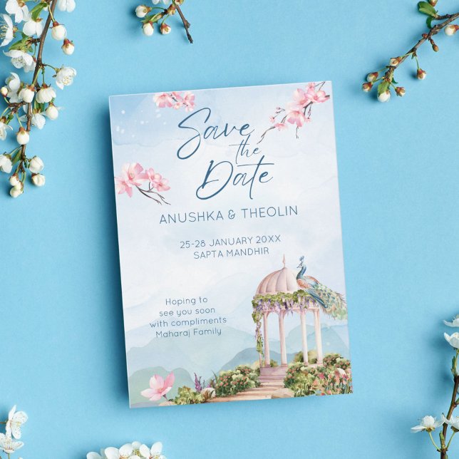 Convites Salve a data do casamento indiano azul empoeirado (Criador carregado)