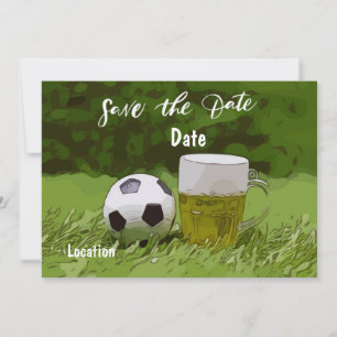 Convites Salve a data do futebol com cerveja na grama verde