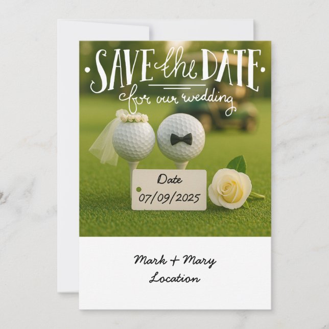 Convites Salve a data do nosso casamento com bolas de golfe (Frente)
