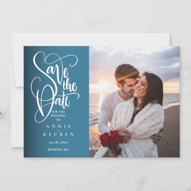Convites Salve a Data Elegante Branco Script Moderno Foto (Frente)