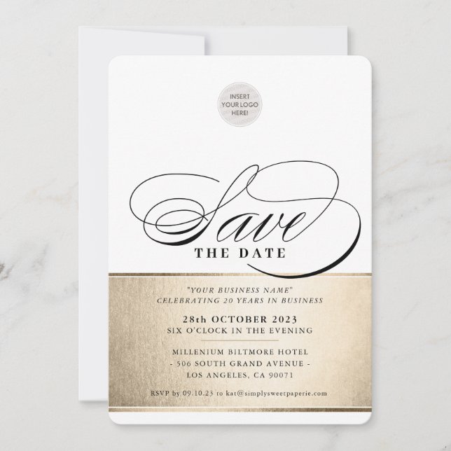Convites SALVE A DATA elegante empresarial preto dourado (Frente)