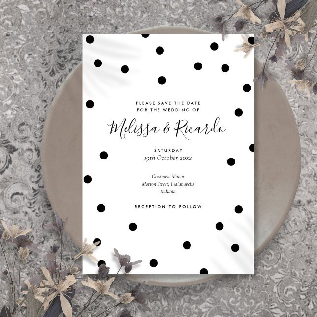 Convites Salve a Data em Preto e Branco com Bolinhas Modern (Modern Black and White Polka Dots Save the Date Invitation)