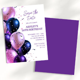 Convites Salve a data Festa de aniversário Real Roxo 50º
