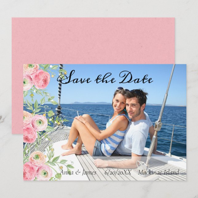 Convites Salve a Data Floral Foto em Pêssego e Verde (Frente/Verso)