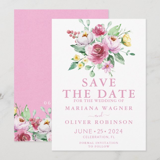 Convites Salve a Data Floral Rosa (Frente/Verso)