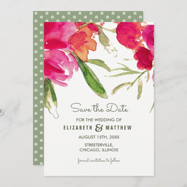 Convites Salve a data. Fuchsia Green Floral Wedding (Frente/Verso)