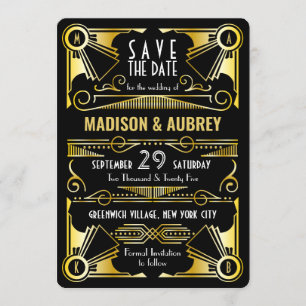 Convites Salve a data Gatsby Art Deco Dourado Preto