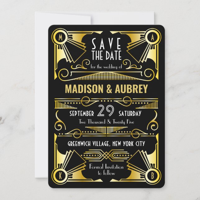 Convites Salve a data Gatsby Wedding Art Deco Dourado Preto (Frente)