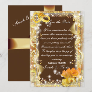 Convites Salve a data laranja dourado & fundo marrom aquare