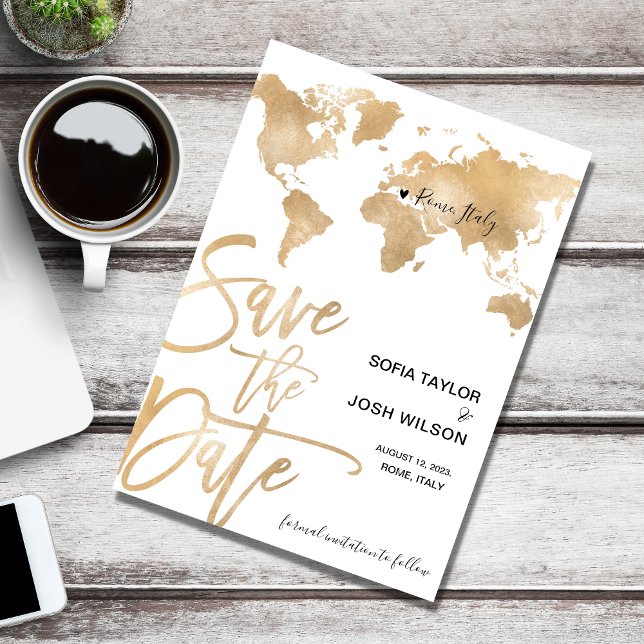 Convites Salve a data Mapa Mundial Dourado Coração (Criador carregado)