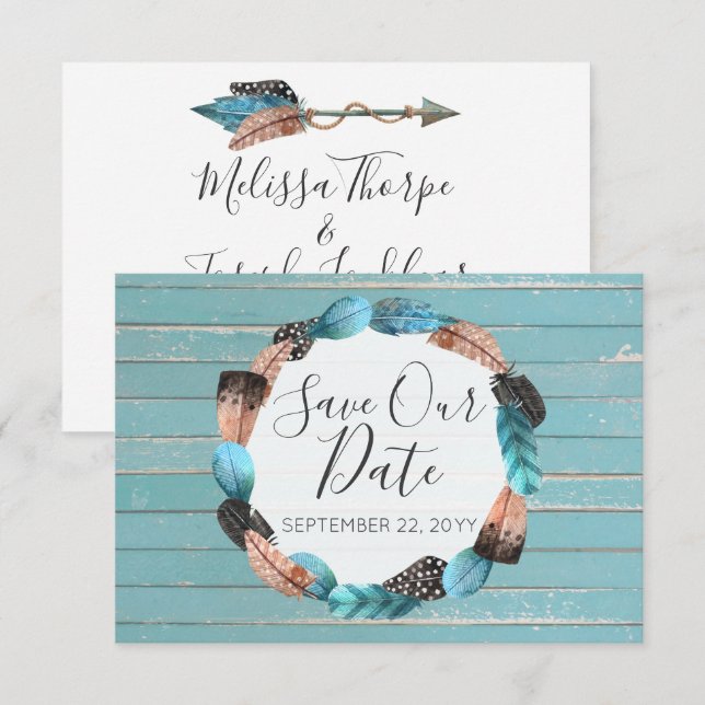 Convites Salve a Data Penas Turquesa Rústicas Boho Flecha (Frente/Verso)
