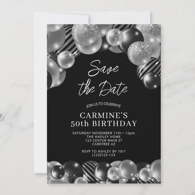 Convites Salve a Data Preto Prata 50º Aniversário (Frente)