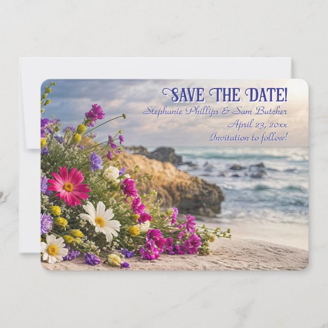 Convites Salve a Data Romântico Lindas Flores na Praia  (Frente)