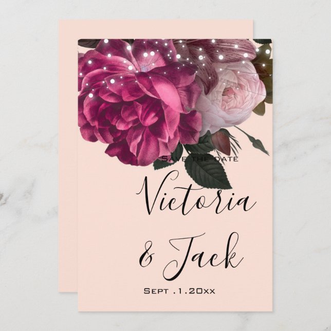 Convites salve a data String Lights Burgundy Flowers (Frente/Verso)