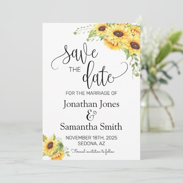 Convites Salve a data Sunflower Boho Chic Weding (Em pé/Frente)