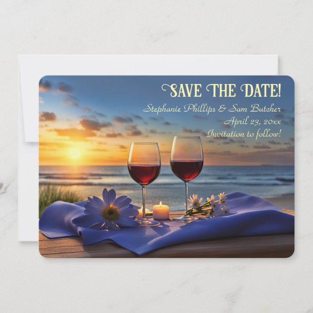 Convites Salve a Data Vinho na Praia Pôr do Sol (Frente)