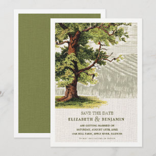 Convites Salve a data. Vintage Oak Tree Burlap Wedding