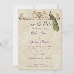 Convites Salve a data, Vintage Peacock & Etchings Casamento