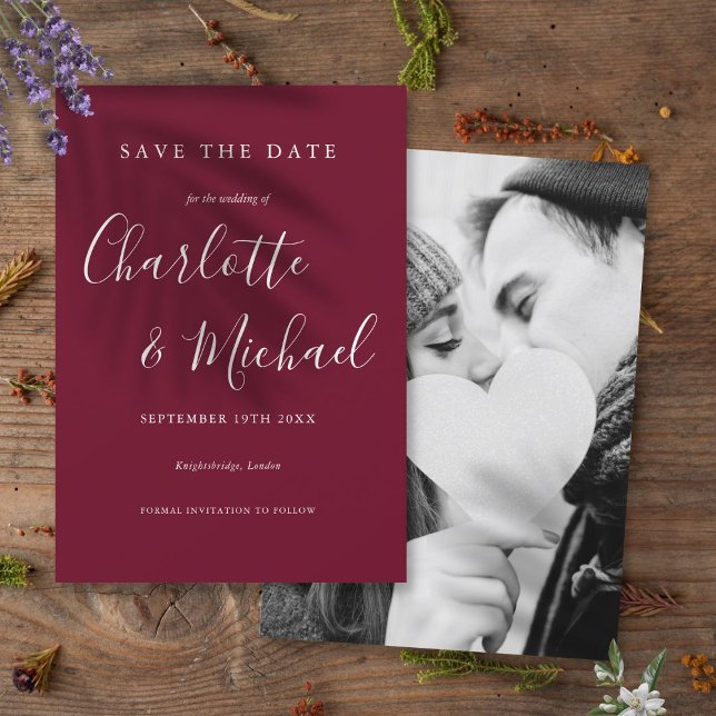 Convites Salve o casamento de fotos da Borgonha de Data (Save the Date Burgundy Photo Wedding Invitation)