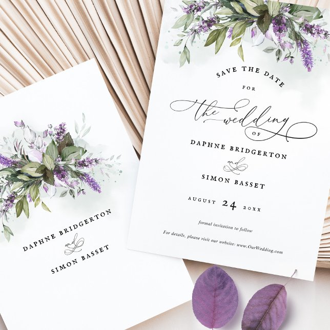 Convites Salve o casamento do Script Greenery de Lavanda de (Criador carregado)