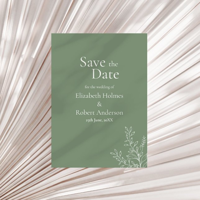 Convites Salve o Dia Botânico em Verde Sálvia Escuro (Dark Sage Green Botanical Save the Date Invitation on a neutral dry palm leaf.)