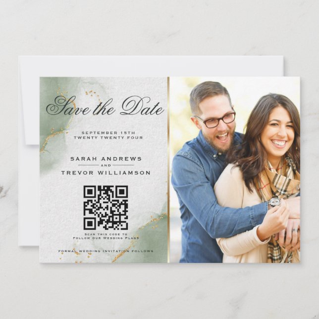 Convites Salve o Dia com Foto & Código QR em Sage Suave (Frente)