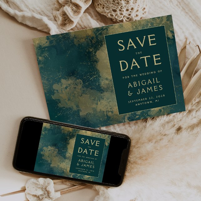 Convites Salve o Dia de Casamento Abstrato Teal Dourado Mod (Criador carregado)