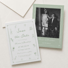 Convites Salve o Dia de Casamento Branco e Verde Desenhado 