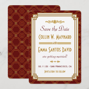 Convites Salve o Dia Personalizado Burgundy Art Deco