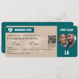 Convites Sand Beige & Ocean Teal Boarding Pass Wedding