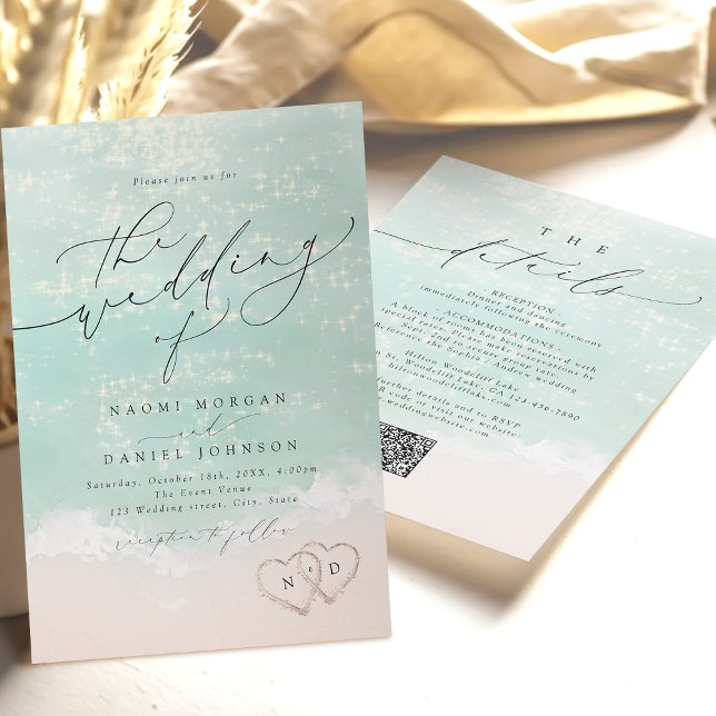 Convites Sand Hearts Beach Casado Tudo Em Um Side (Modern Script Sand Hearts Beach Wedding All In One Invitation)