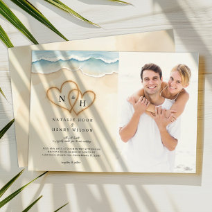 Convites Sand Hearts Beach Photo Invitation Beige