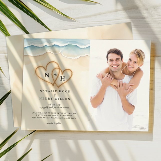 Convites Sand Hearts Beach Photo Invitation Beige (Photo Beach Wedding Invite)