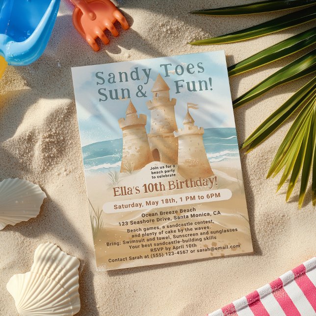 Convites Sandy Toes Sun Fun Beach Sand Castle Kid aniversár (Sandy Toes Sun Fun Beach Sand Castle Kid birthday Invitation)