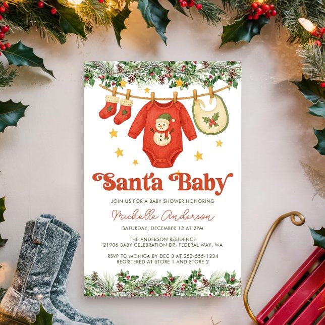 Convites Santa Baby Christmas Clothesline Baby Shower  (Santa Baby Red Christmas Clothesline Baby Shower Invitation
)