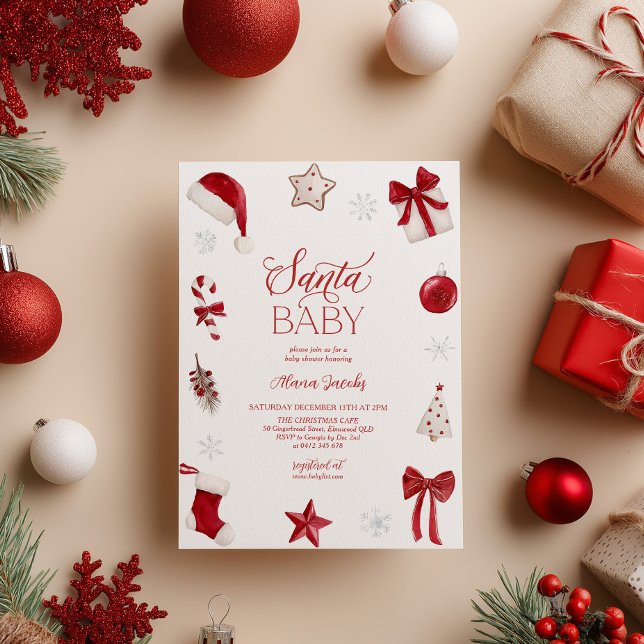 Convites Santa Baby Shower Christmas Festive  (Santa Baby! Christmas themed Baby Shower in red and white)