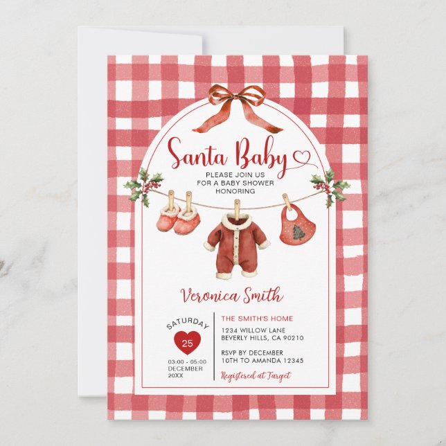 Convites Santa Baby Shower Clothesline Ribbon Gingham (Frente)