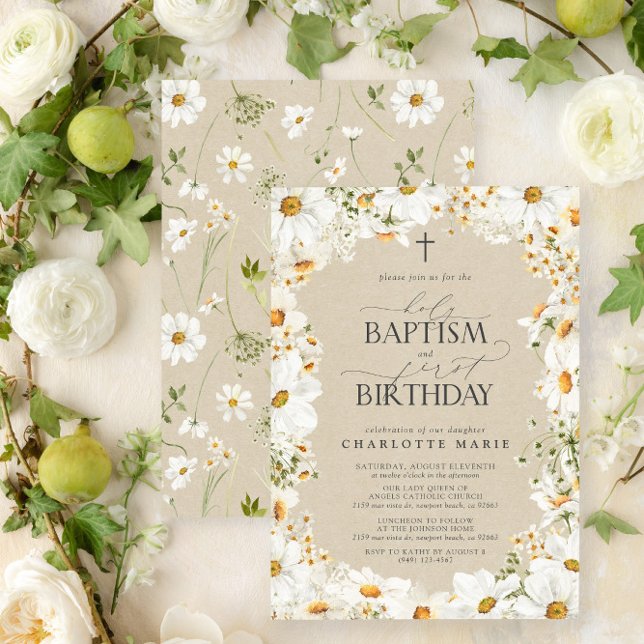Convites Santa Batismo e primeiro aniversario Floral Girl (Easily personalize this beautiful baptism and first birthday invitation with your personal details)