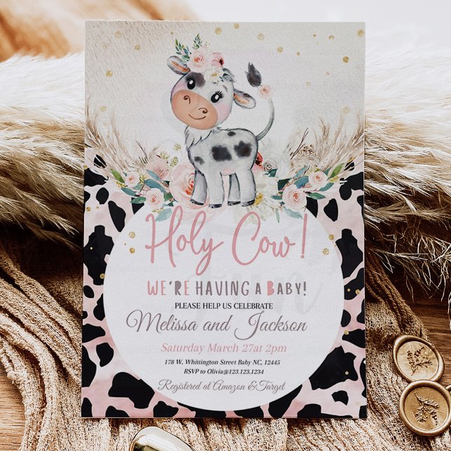 Convites Santa Chá de fraldas de Vaca Vaca Boho Pampas (Holy Cow Baby Shower Invitation Cow Boho Pampas)