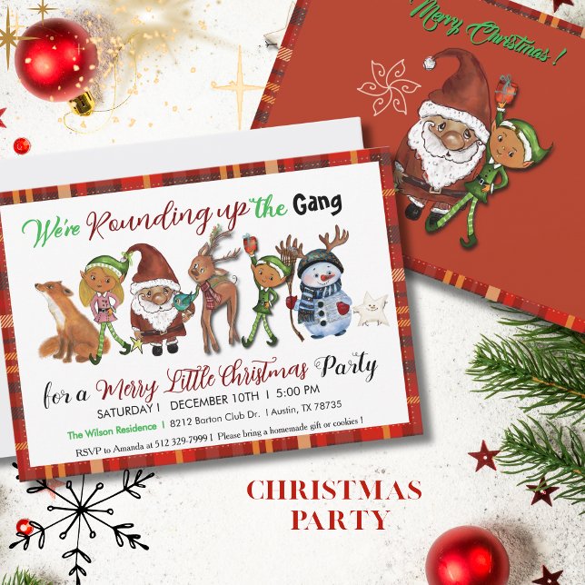 Convites Santa, Elves, Deer & Snowman Gang Red Plaid (Santa, Elves, Deer & Snowman Gang Red Plaid Invitation)