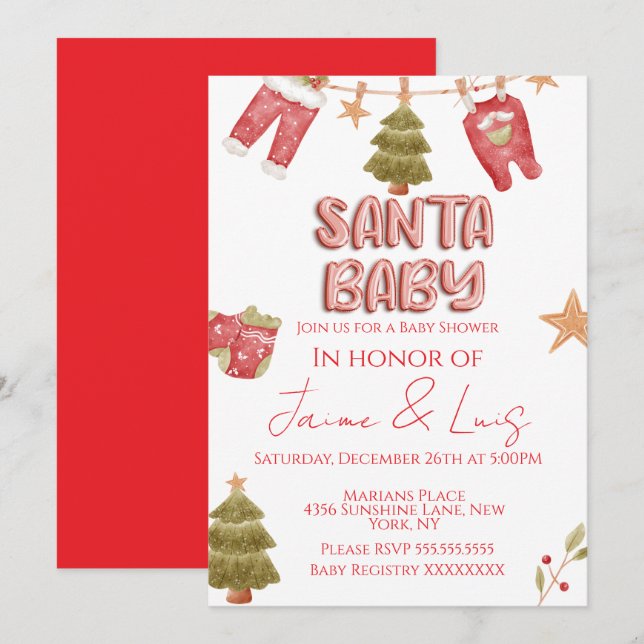Convites Santa Girl Boy Holiday Baby Shower   (Frente/Verso)