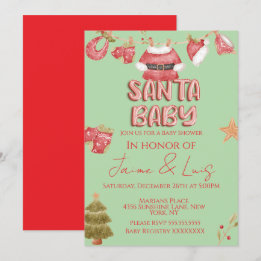 Convites Santa Girl Boy Holiday Green Baby Shower  